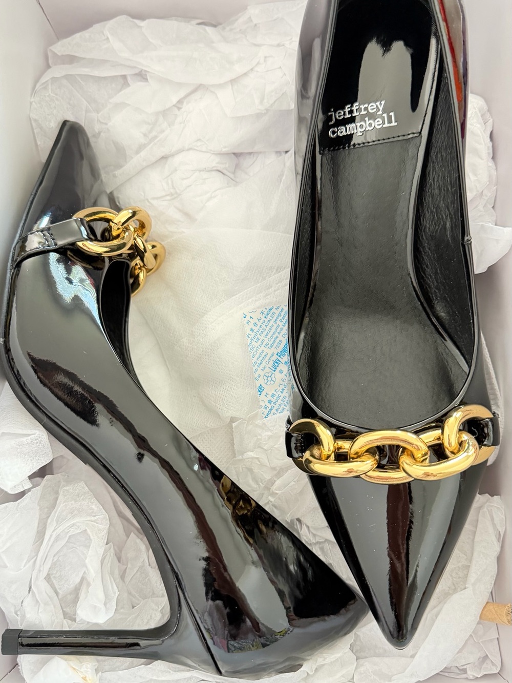 Jeffrey Campbell Black Patent Pointed Toe Pumps with Gold Chain Detail
